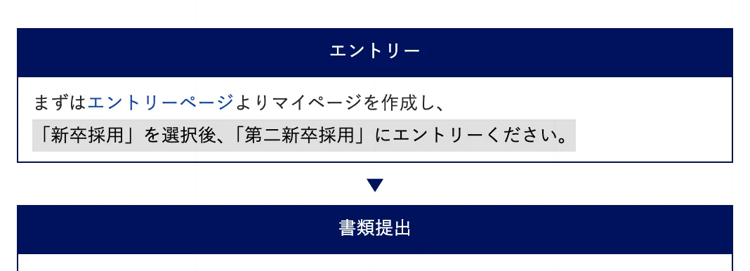 ディスコの第二新卒採用 募集要項の選考フロー「エントリー」。「「新卒採用」を選択後、「第二新卒採用」にエントリーください。」の部分が選択されている