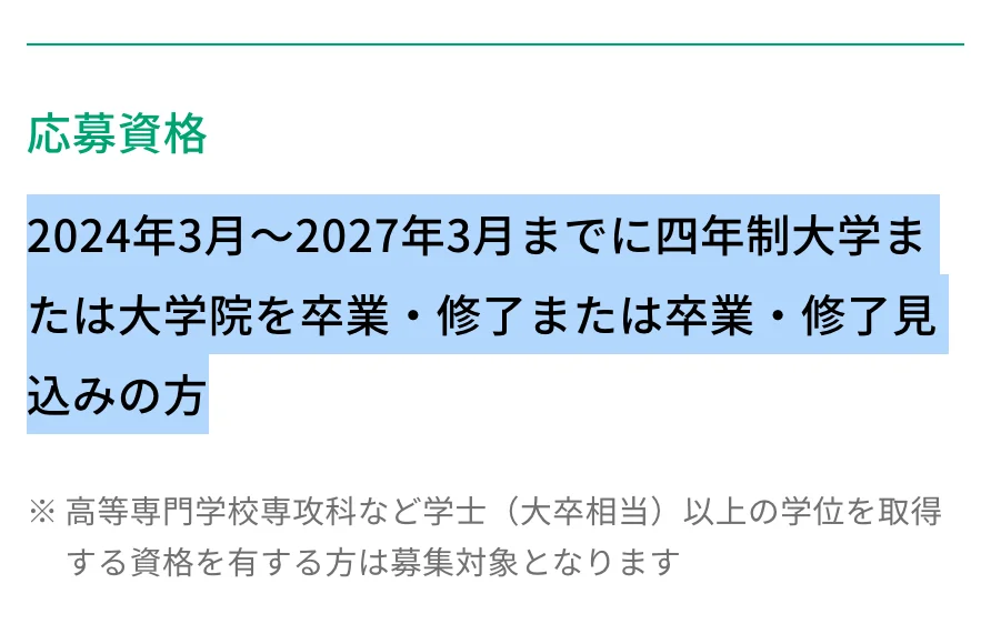 JT新卒採用の募集要項の応募資格。「2024年3月～2027年3月までに四年制大学または大学院を卒業・修了または卒業・修了見込みの方」の部分が選択されている