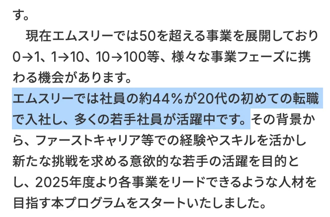 エムスリーの「ビジネス職オープンポジション（第二新卒）」の概要。「エムスリーでは社員の約44%が20代の初めての転職で入社し、多くの若手社員が活躍中です。」の部分が選択されている