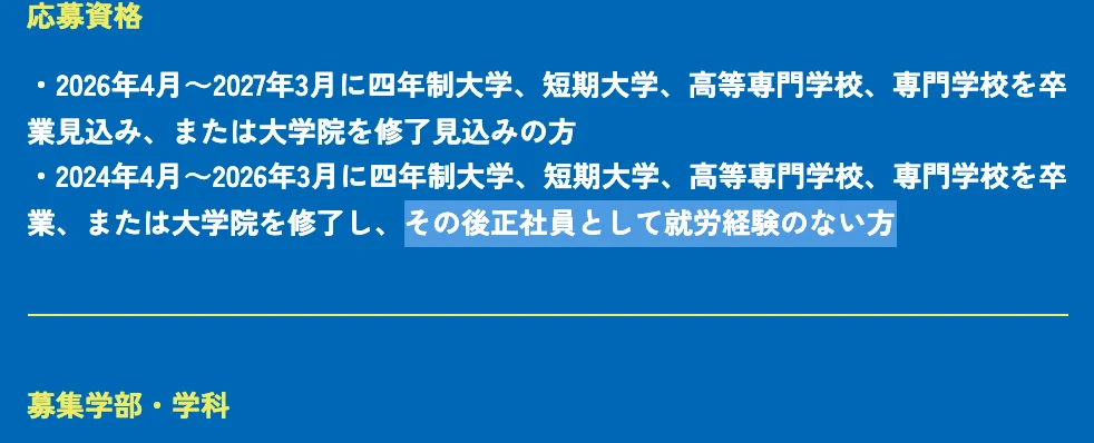 NTT東日本新卒採用の募集要項の応募資格。「2024年4月~2026年3月に四年制大学、短期大学、高等専門学校、専門学校を卒業、または大学院を修了し、その後正社員として就労経験のない方」のうち「その後正社員として就労経験のない方」の部分が選択されている